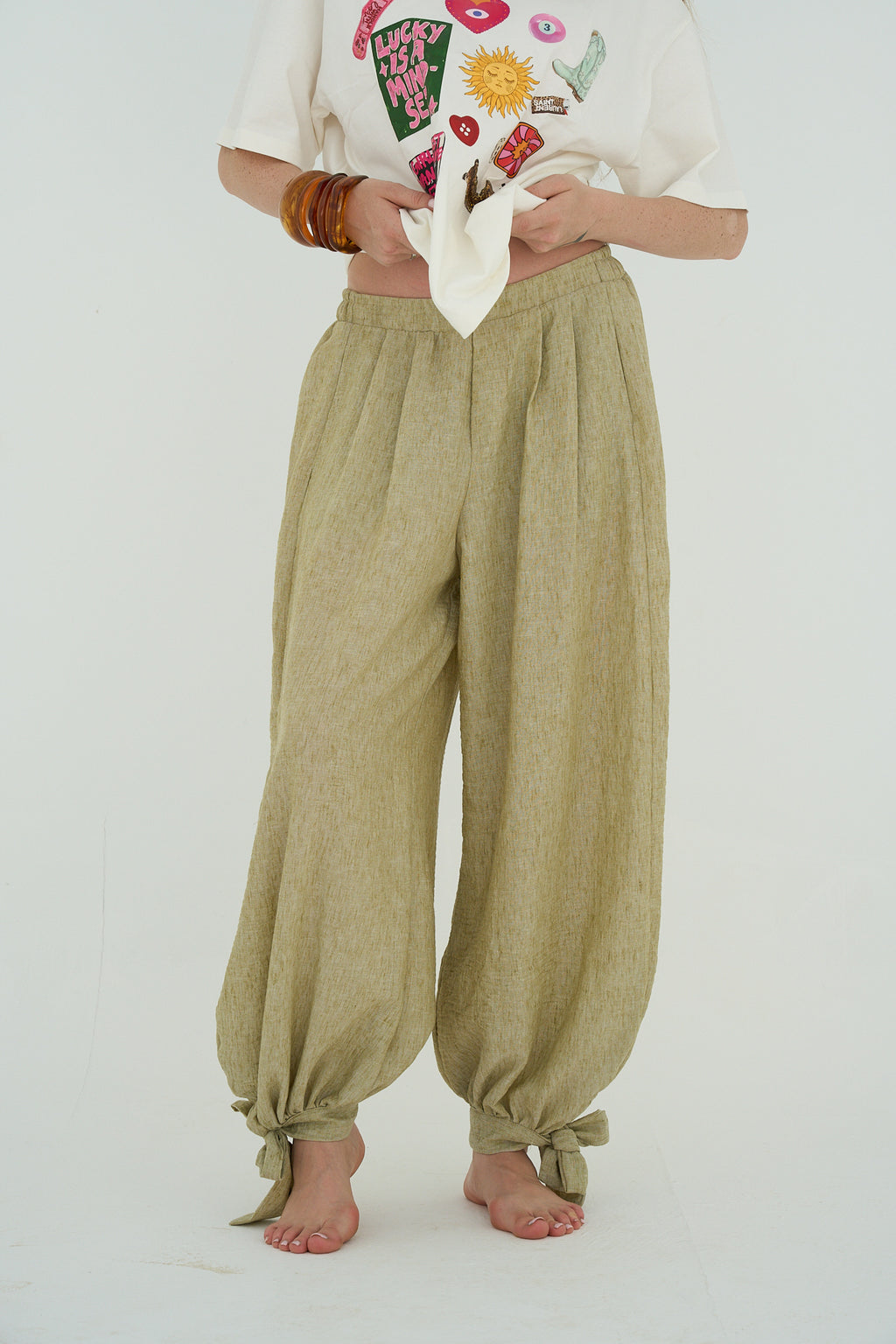 Sage green Linen Pants Adjustable Hem