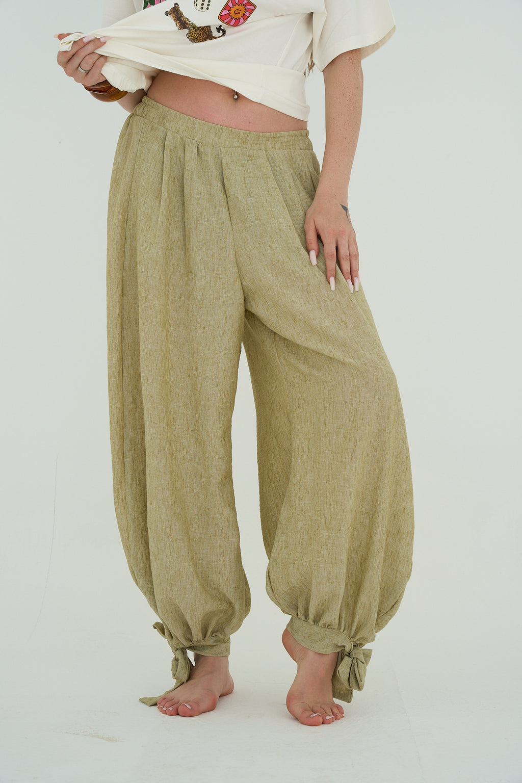 Sage green Linen Pants Adjustable Hem