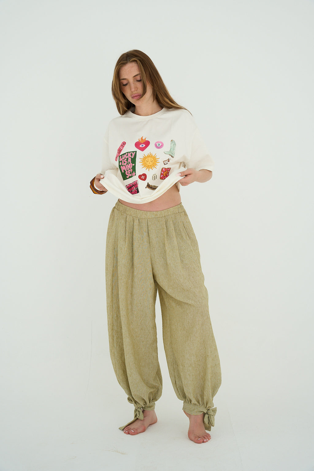 Sage green Linen Pants Adjustable Hem