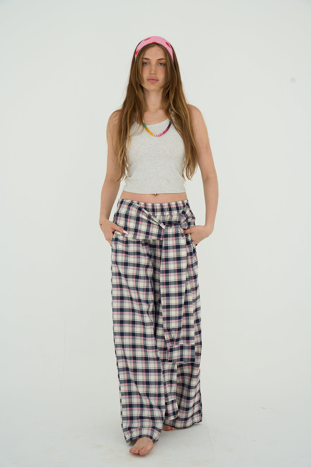 plaid pants in pink