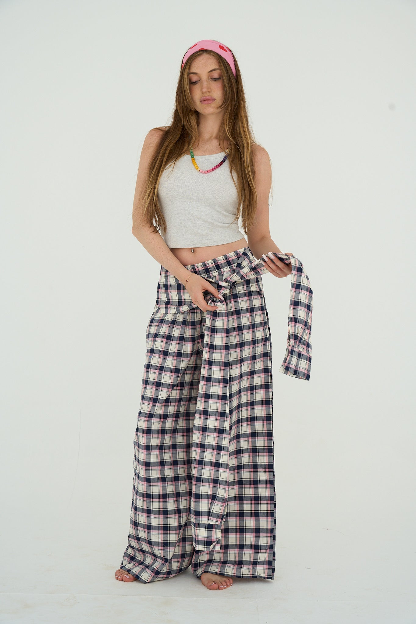 plaid pants in pink