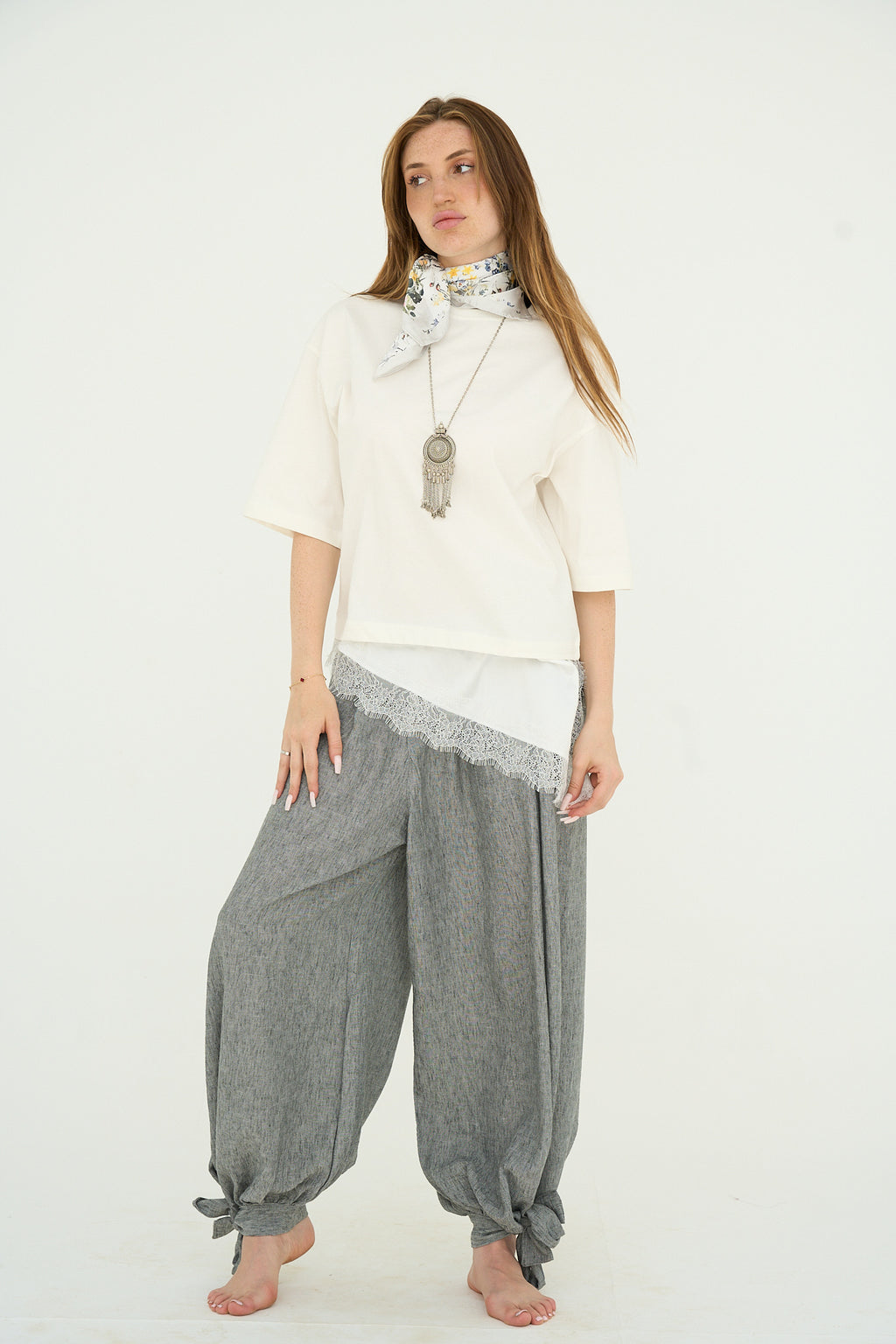 Dust grey Linen Pants Adjustable Hem