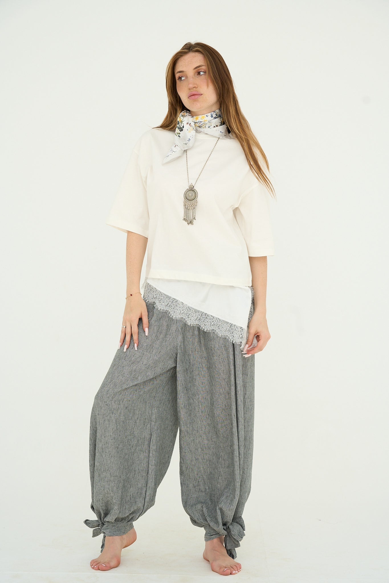 Dust grey Linen Pants Adjustable Hem