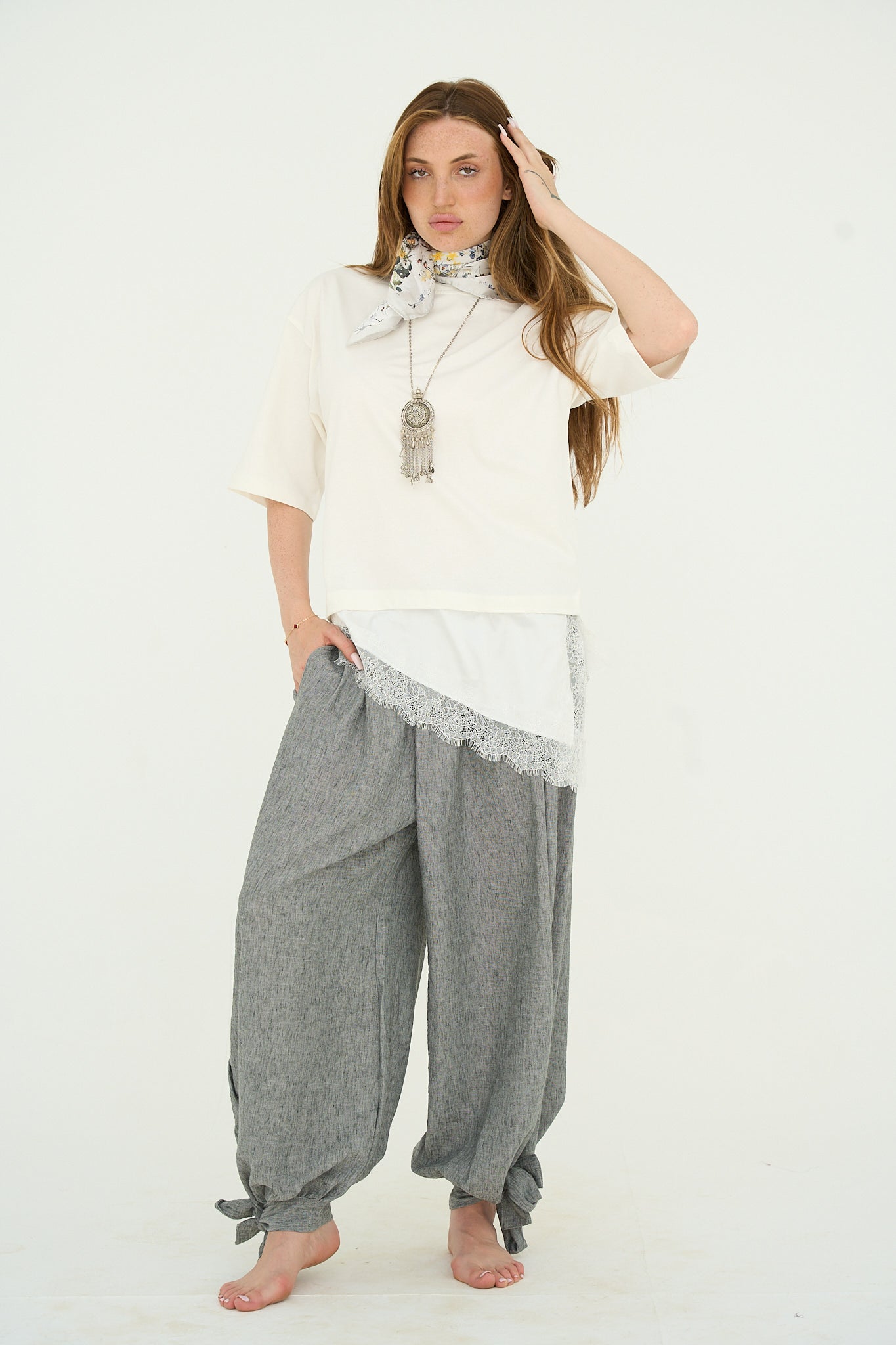Dust grey Linen Pants Adjustable Hem