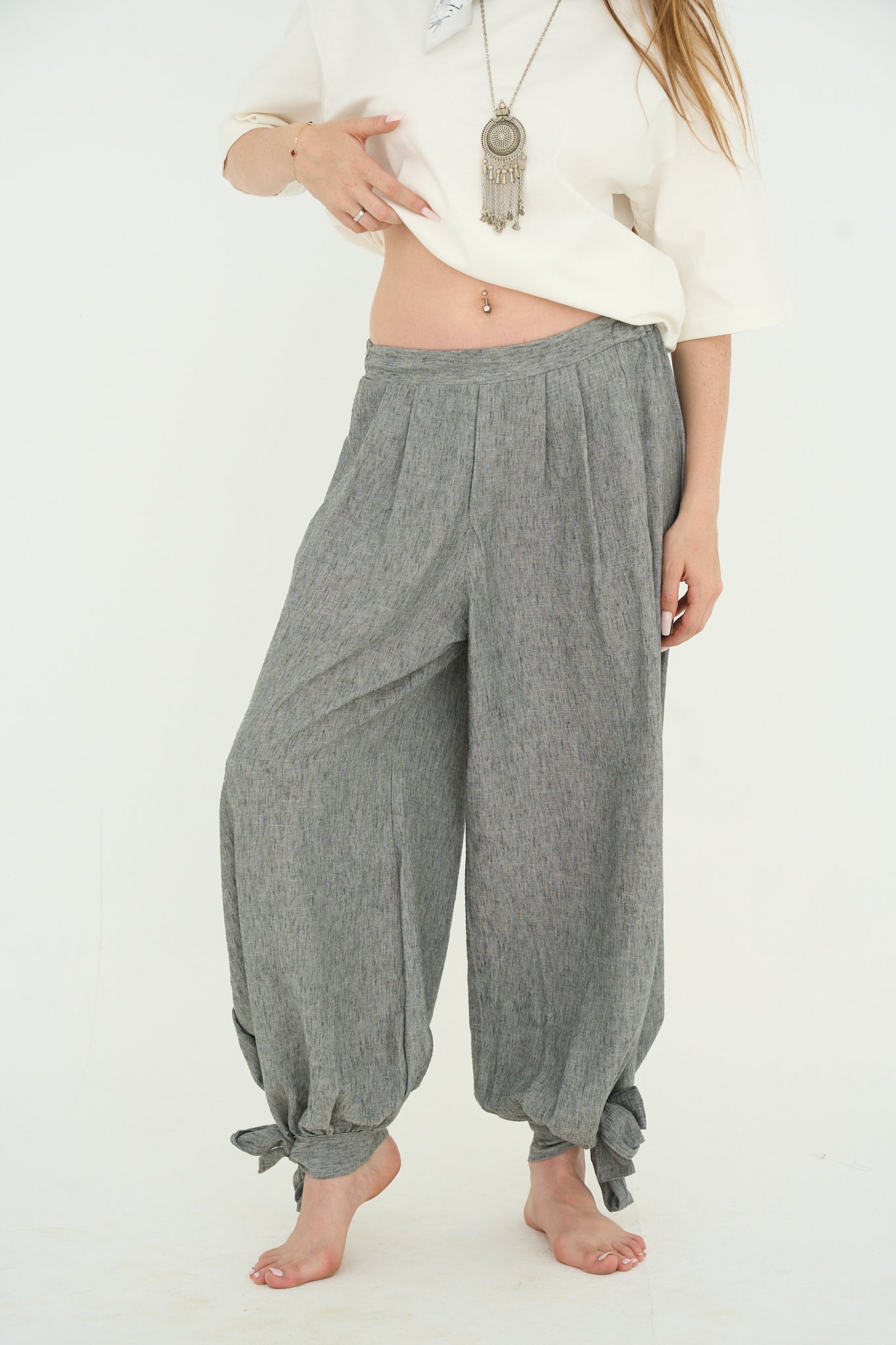 Dust grey Linen Pants Adjustable Hem