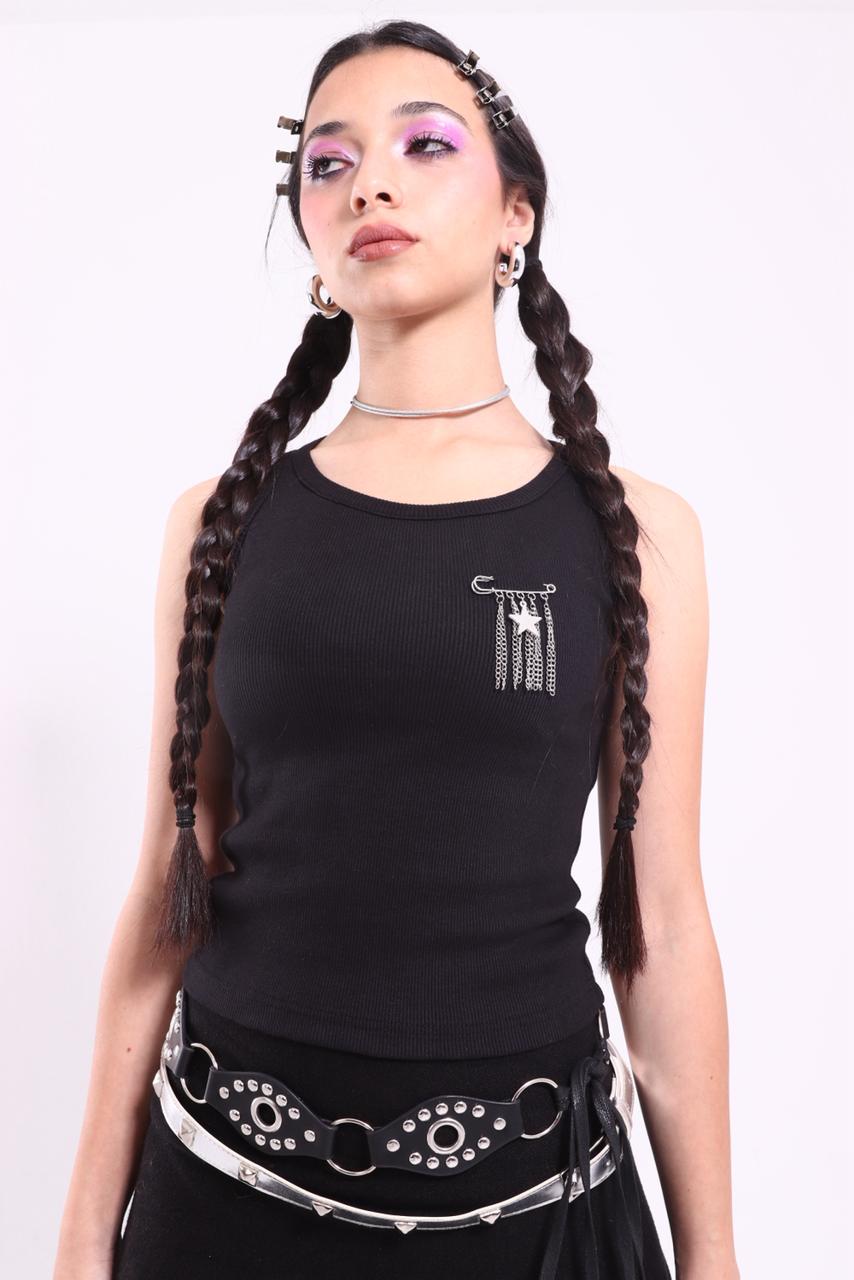 black tank top with pin
